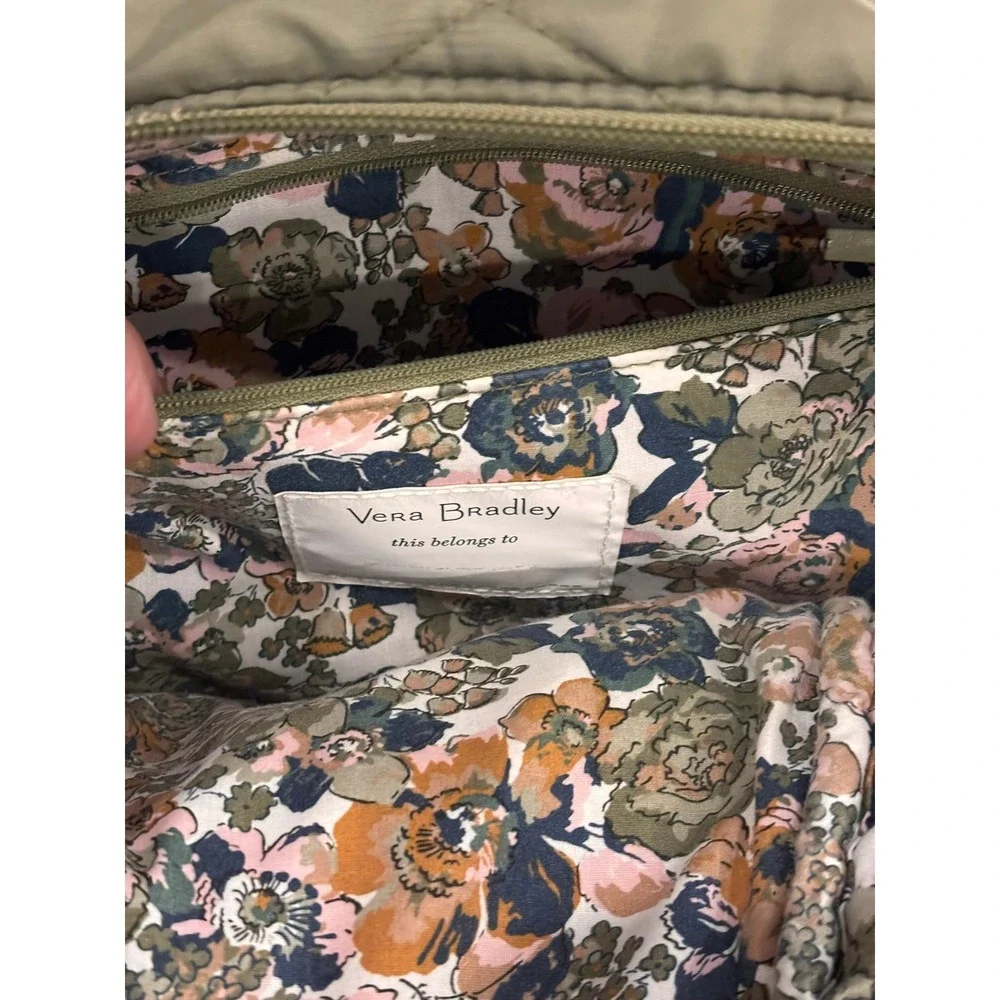 Vera Bradley Quilted Backpack Sage Green Floral Lining Large School Travel Bag